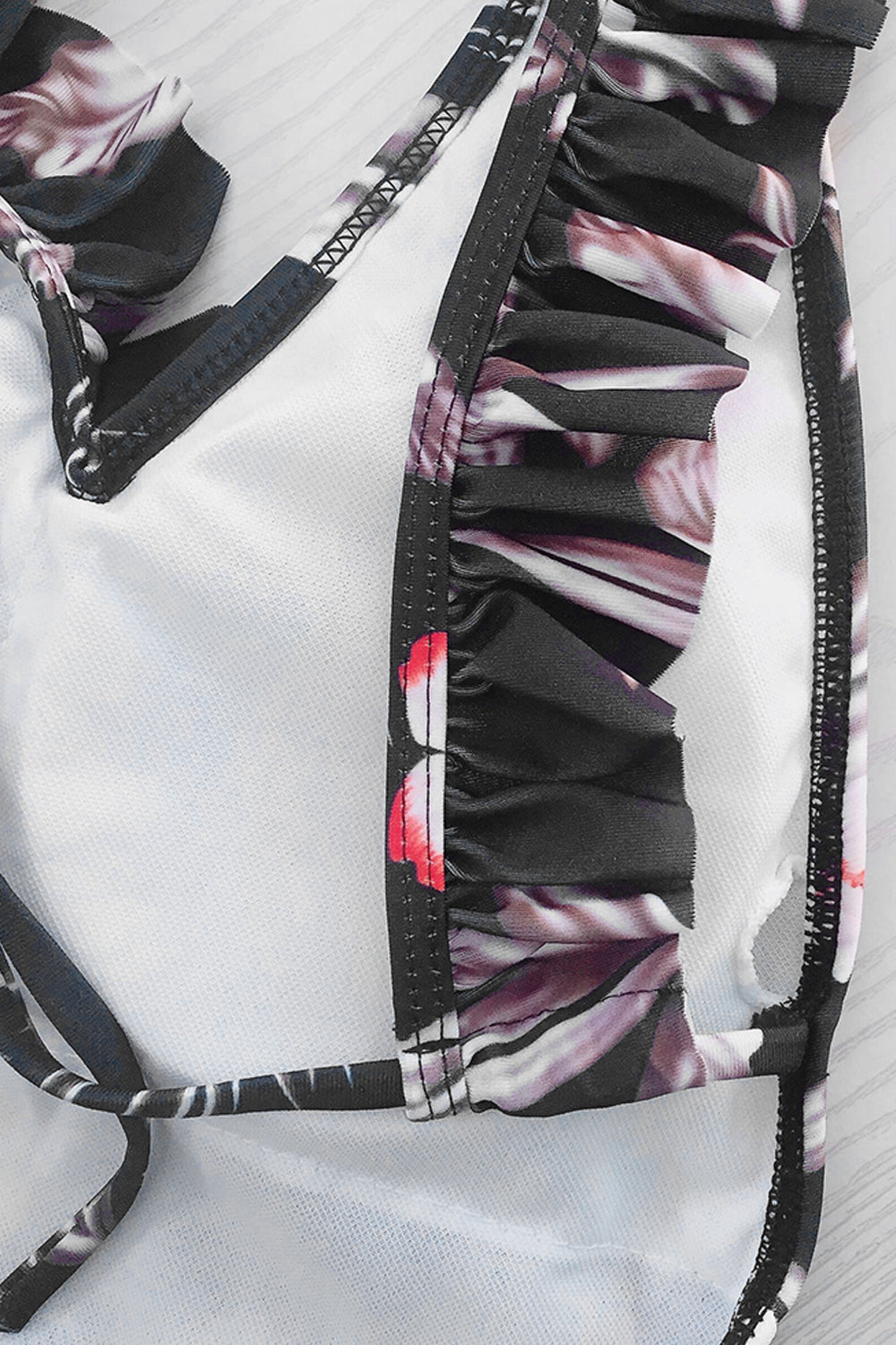Iyasson Black Floral Printing Ruffles Swimwear