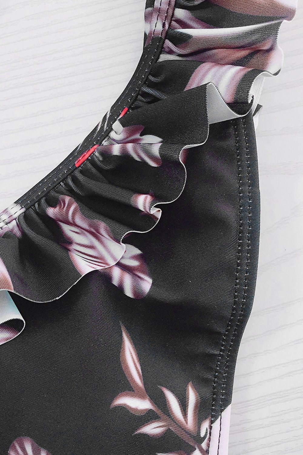 Iyasson Black Floral Printing Ruffles Swimwear