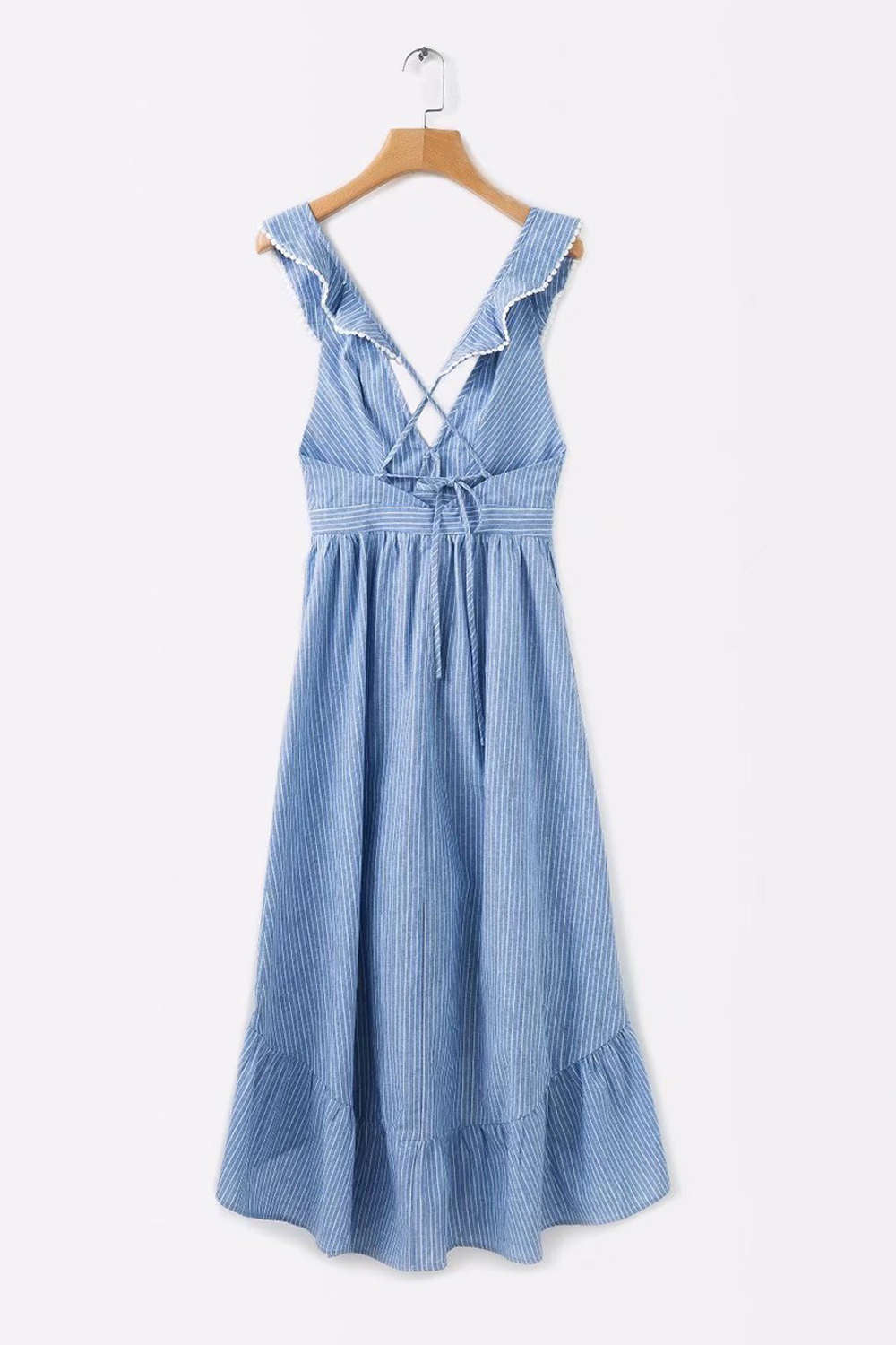 Iyasson Striped Deep V Neck Sleeveless Ruffle Dress