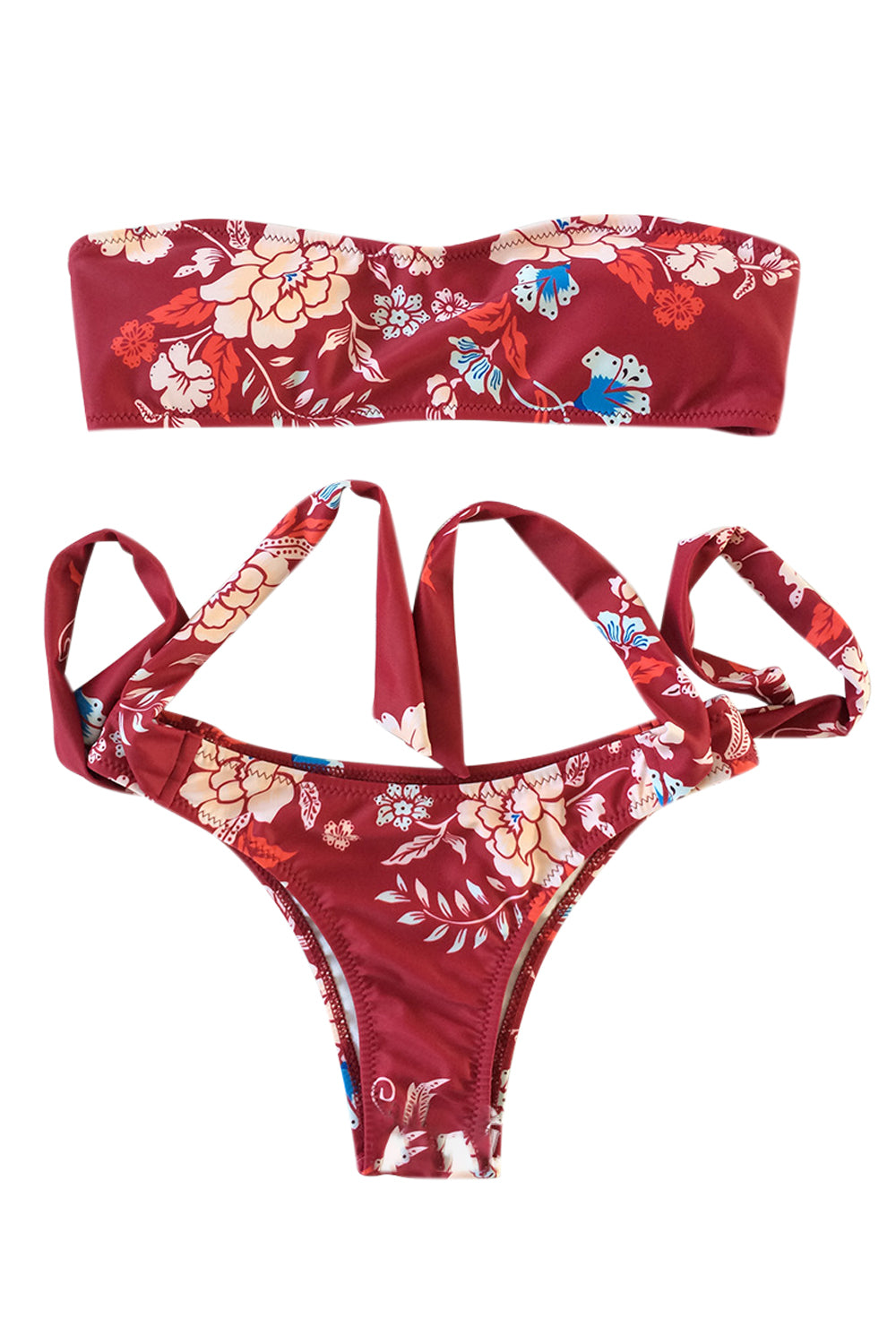 Iyasson Wine Red Floral Printing Strapless Bikini Sets