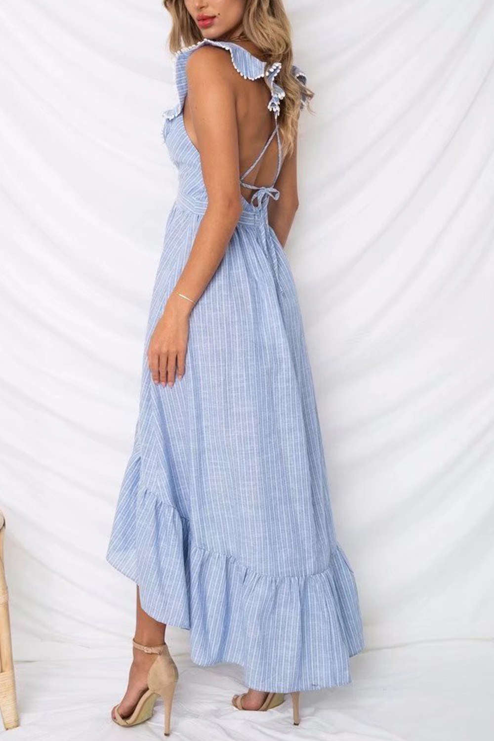 Iyasson Striped Deep V Neck Sleeveless Ruffle Dress