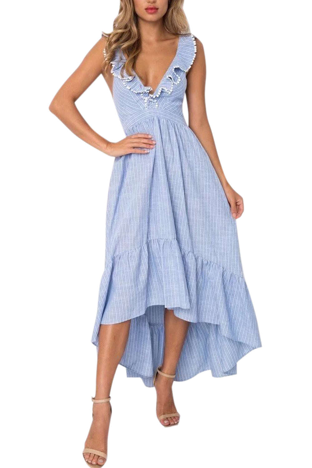 Iyasson Striped Deep V Neck Sleeveless Ruffle Dress