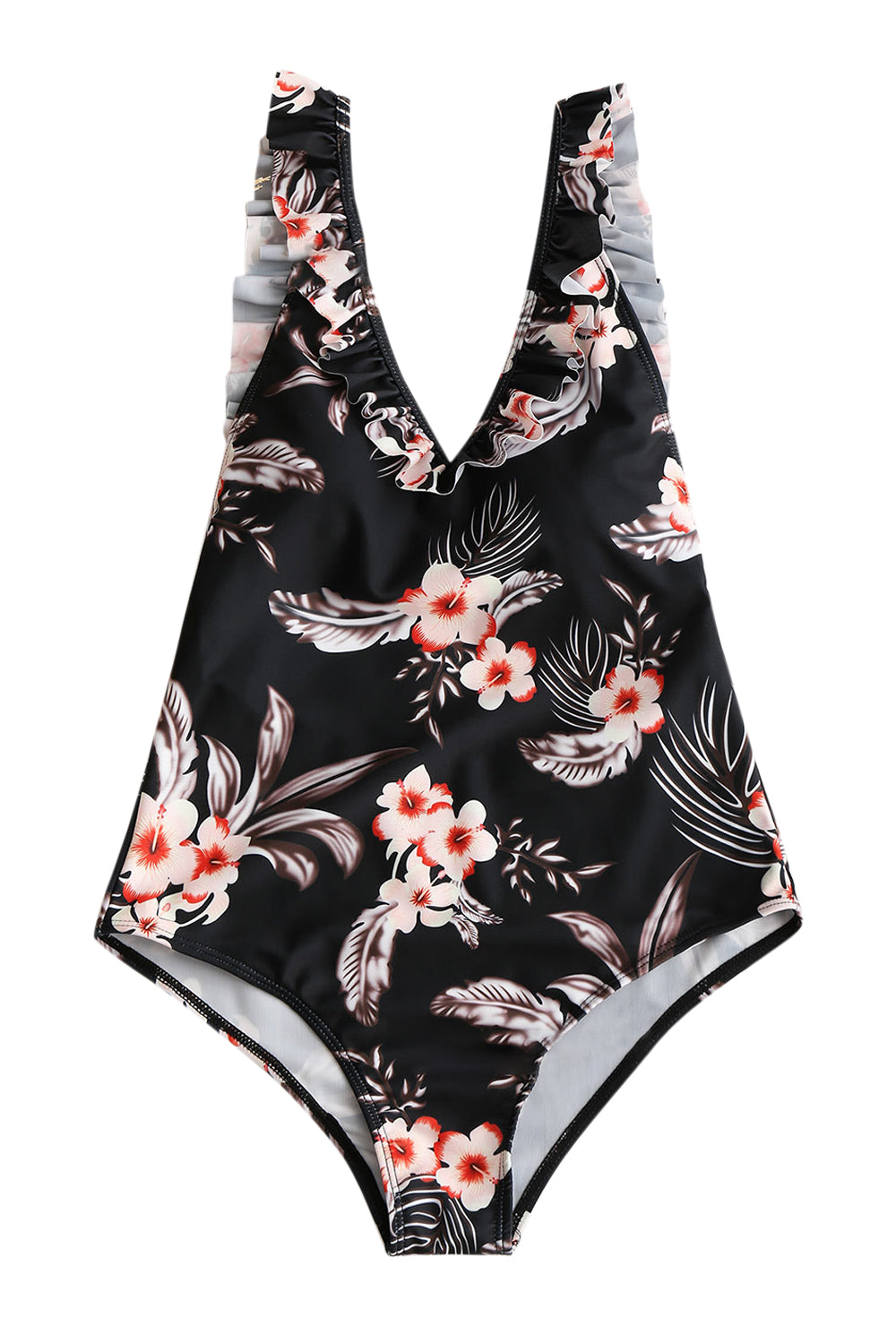 Iyasson Black Floral Printing Ruffles Swimwear