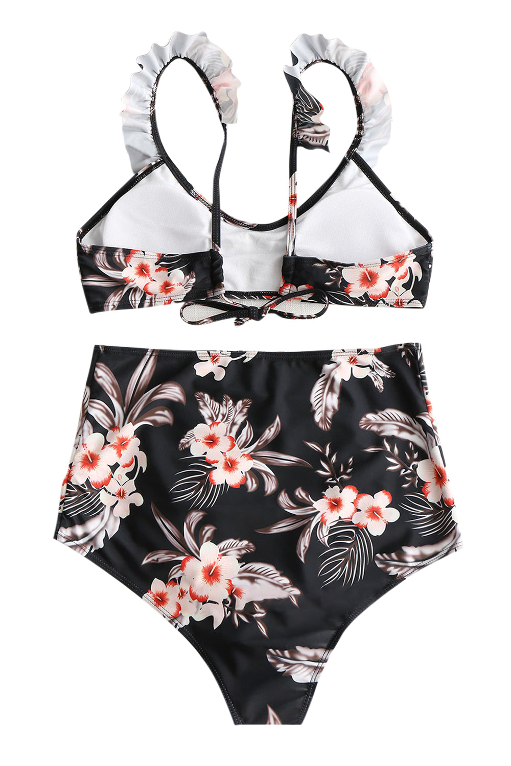 Iyasson Black Floral Printing Ruffles Swimwear
