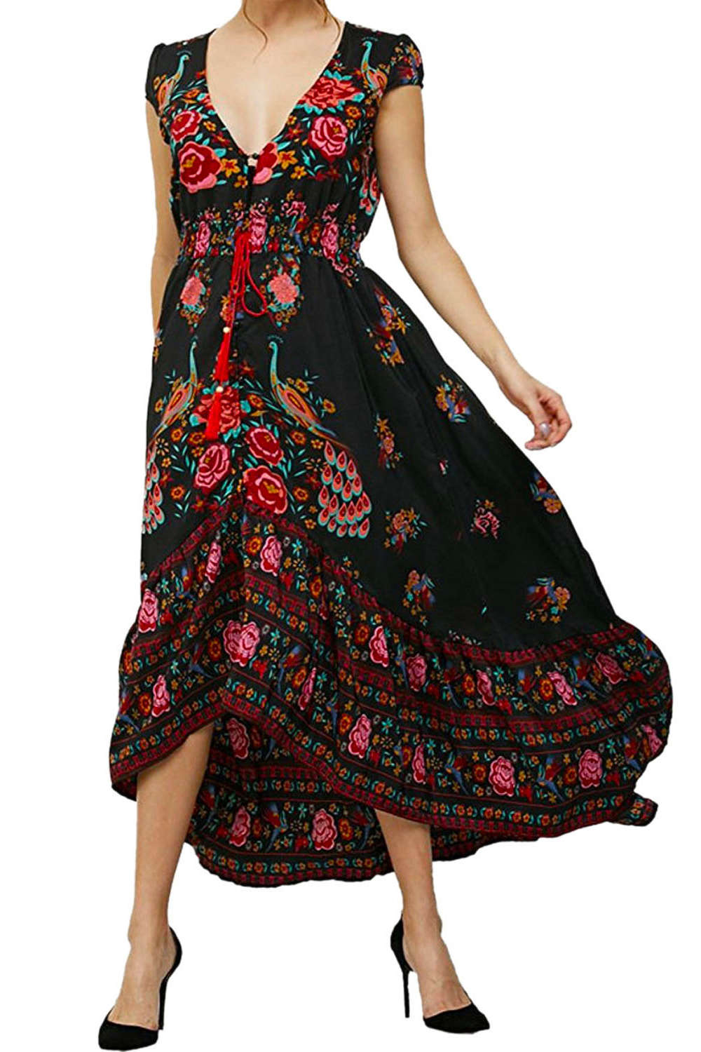 Iyasson Women Summer Vintage Deep V Neck Dresses