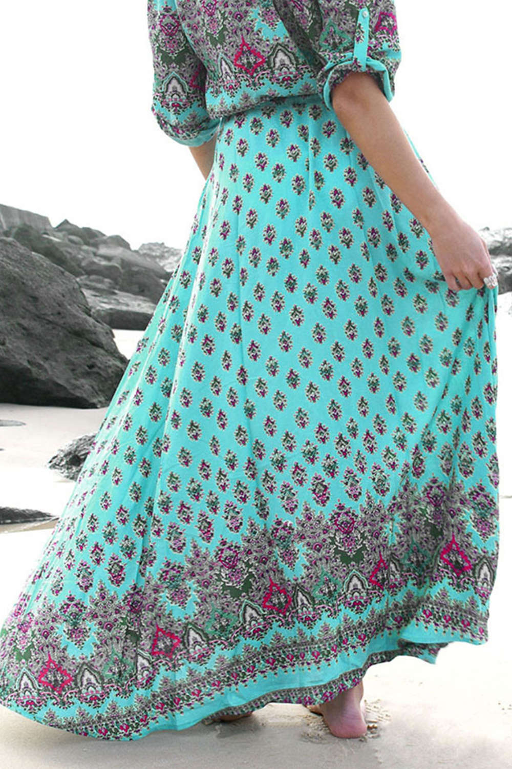 Iyasson Women Long Sleeve Boho Floral Print Maxi Dress