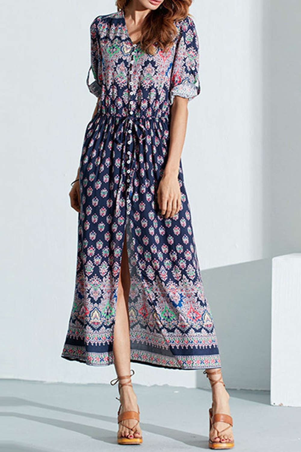 Iyasson Women Long Sleeve Boho Floral Print Maxi Dress