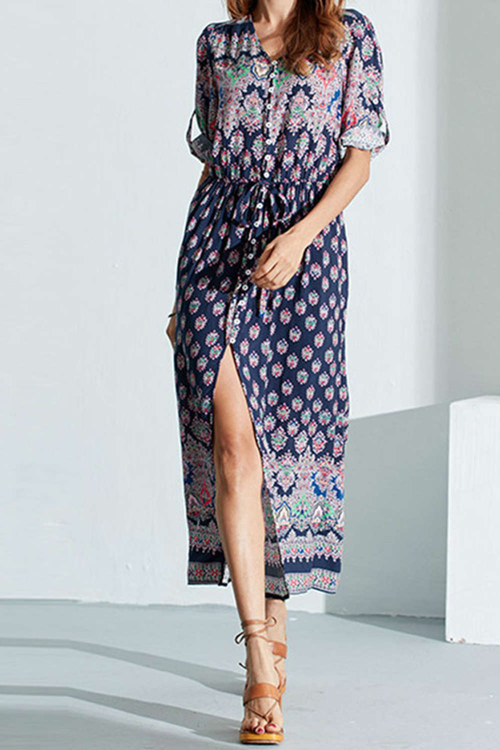 Iyasson Women Long Sleeve Boho Floral Print Maxi Dress