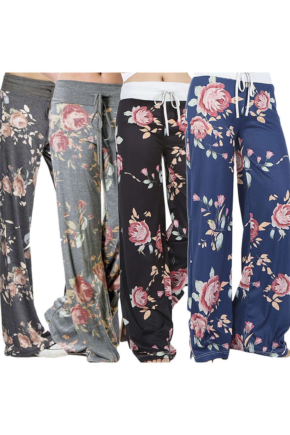Iyasson High Waist Floral Print Drawstring Wide Leg Pants