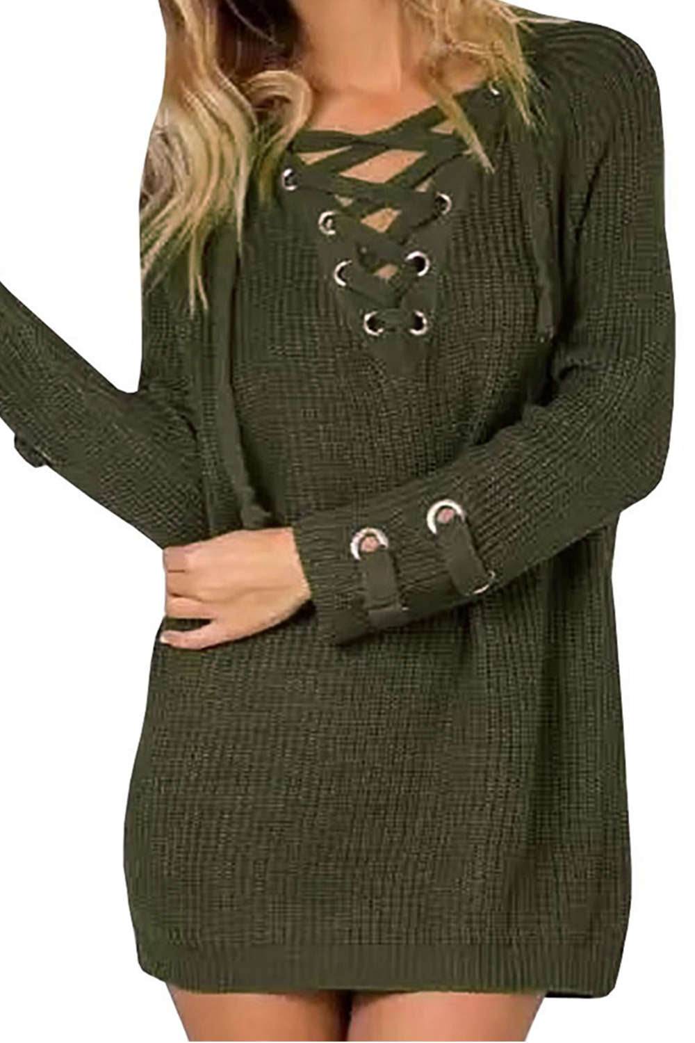 Iyasson Women Lace Up Front V Neck Long Sleeve Knit Sweater Top