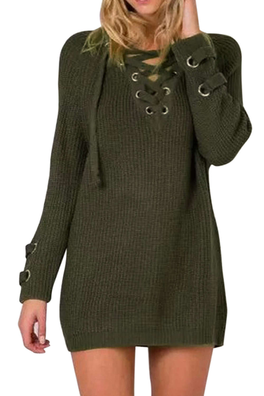 Iyasson Women Lace Up Front V Neck Long Sleeve Knit Sweater Top