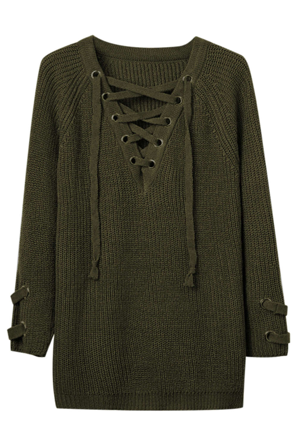 Iyasson Women Lace Up Front V Neck Long Sleeve Knit Sweater Top