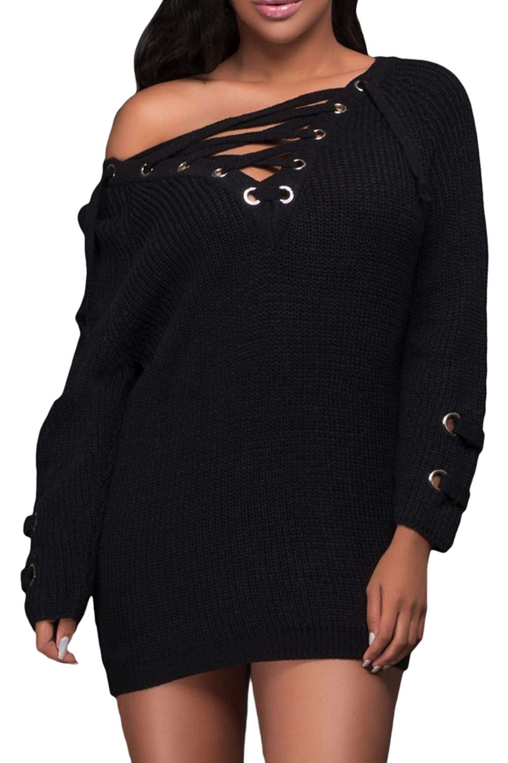 Iyasson Women Lace Up Front V Neck Long Sleeve Knit Sweater Top