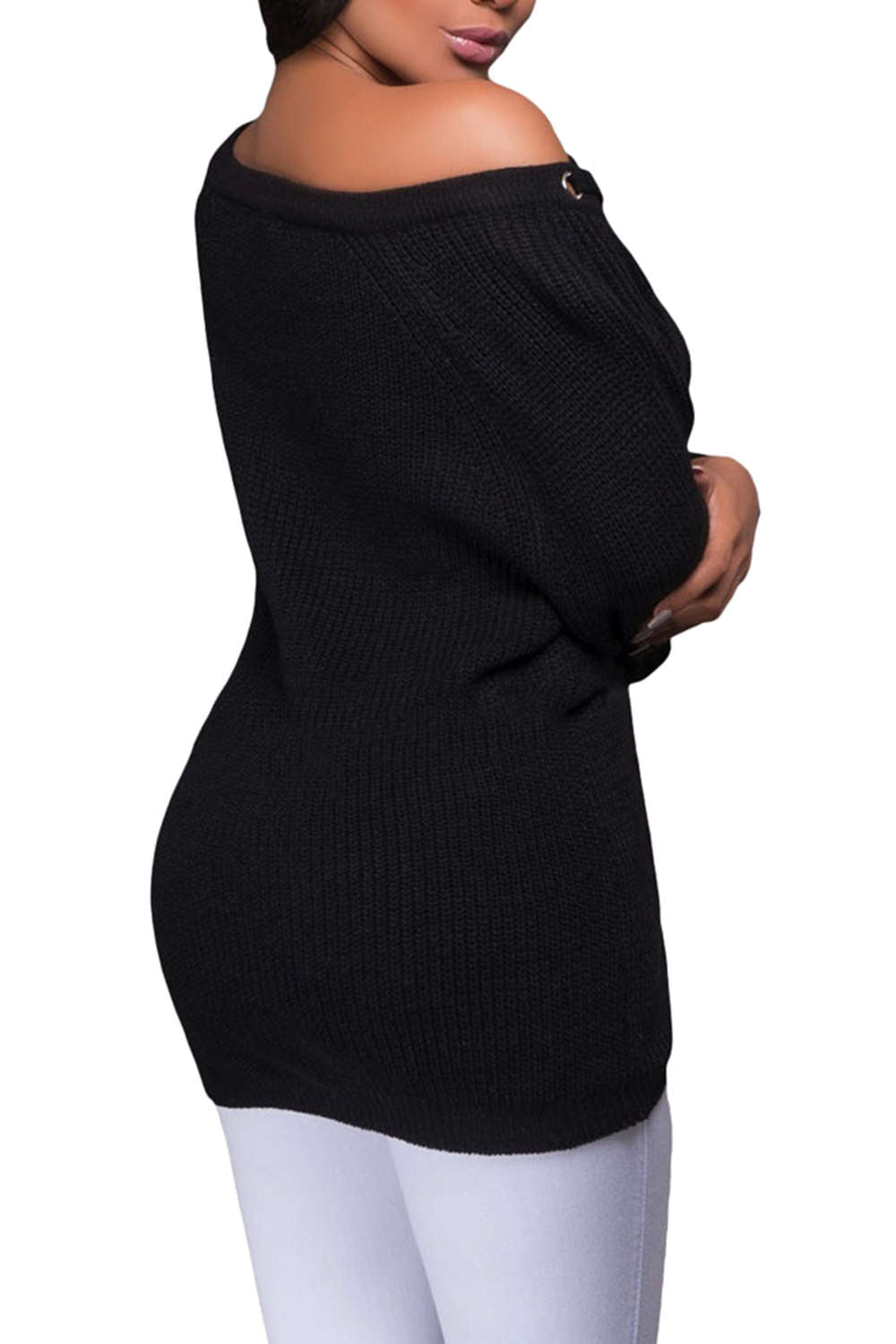 Iyasson Women Lace Up Front V Neck Long Sleeve Knit Sweater Top