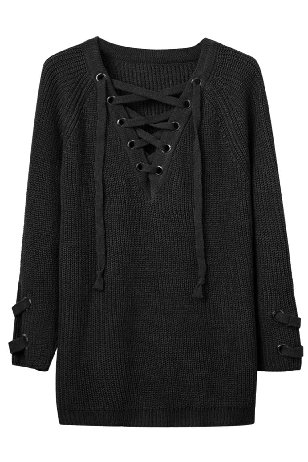 Iyasson Women Lace Up Front V Neck Long Sleeve Knit Sweater Top