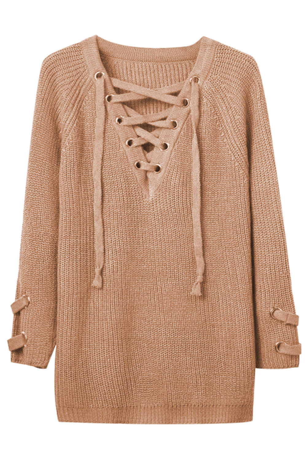 Iyasson Women Lace Up Front V Neck Long Sleeve Knit Sweater Top