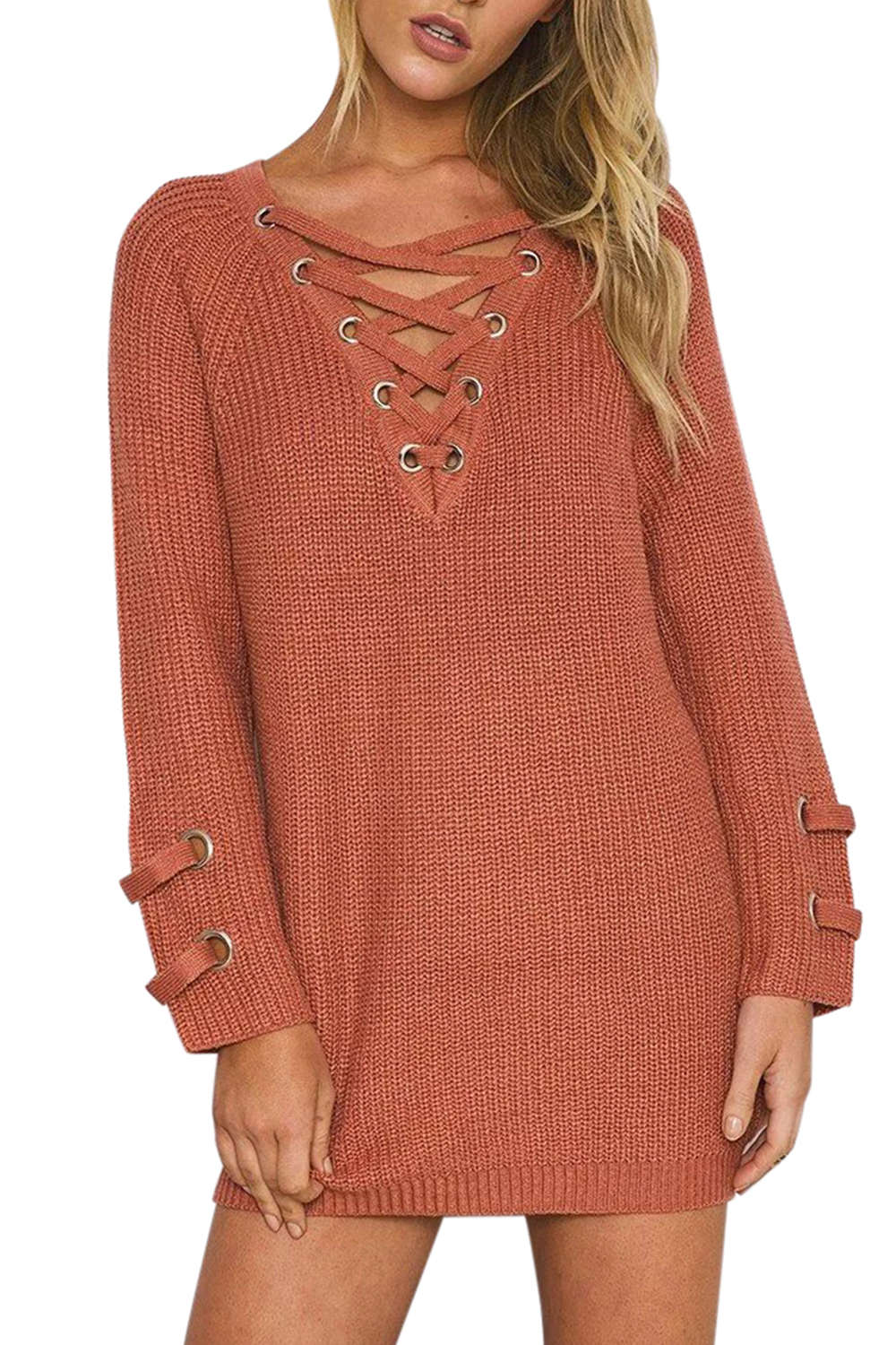 Iyasson Women Lace Up Front V Neck Long Sleeve Knit Sweater Top