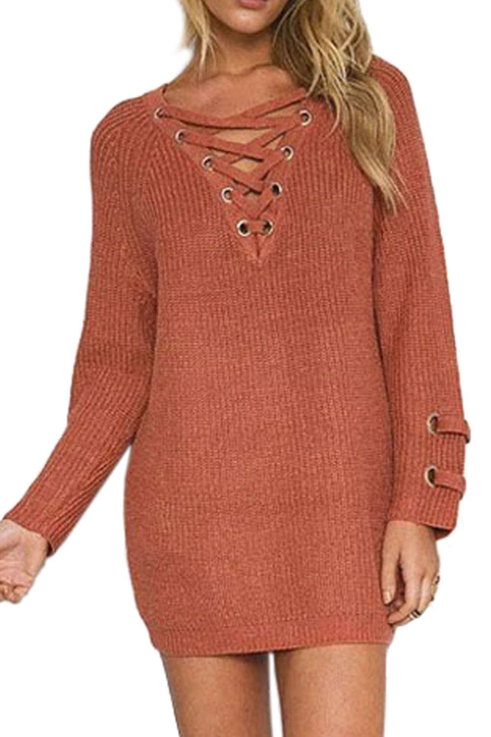 Iyasson Women Lace Up Front V Neck Long Sleeve Knit Sweater Top