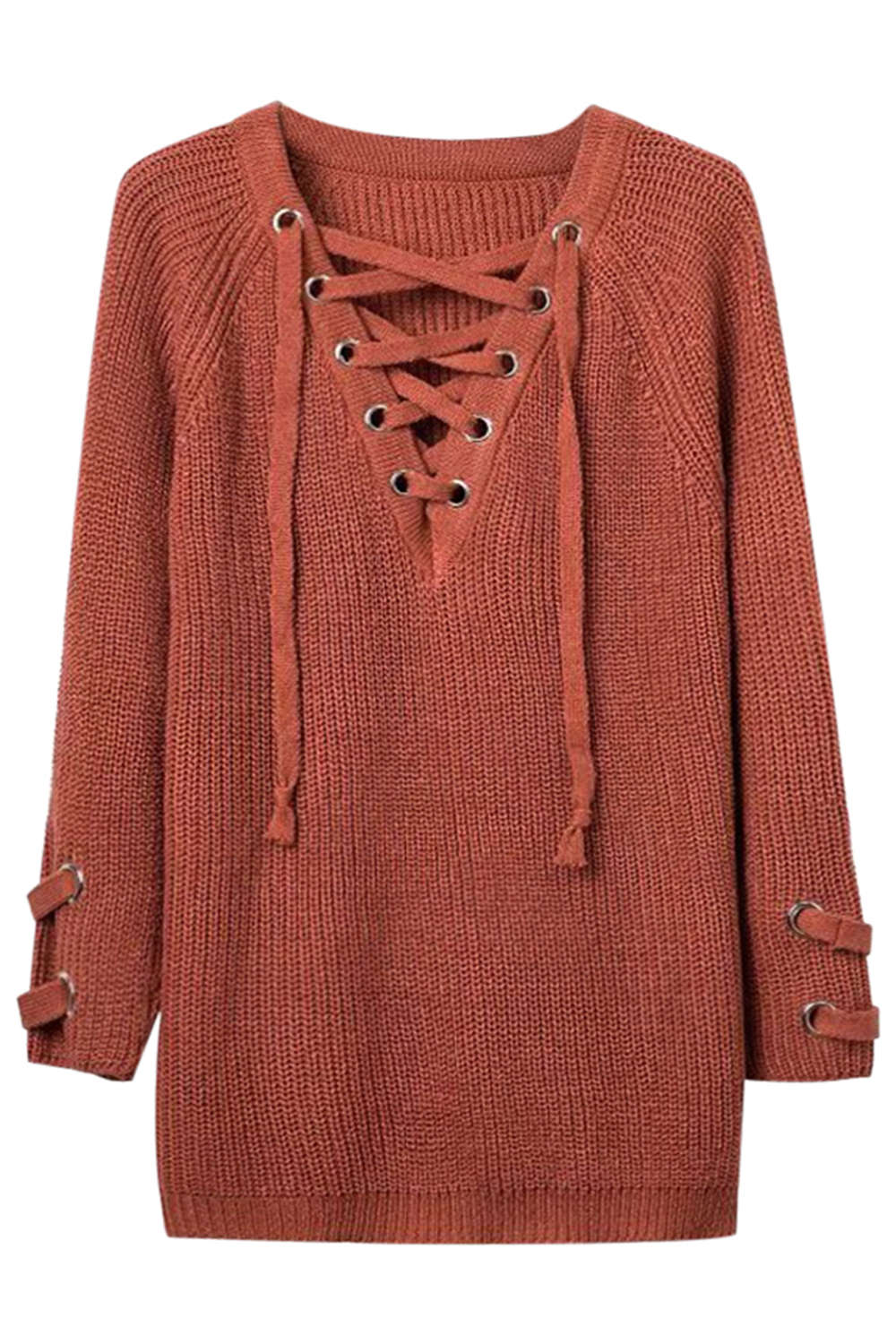 Iyasson Women Lace Up Front V Neck Long Sleeve Knit Sweater Top