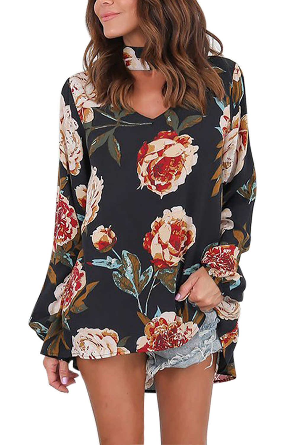 Iyasson Women Chiffon Summer Long Sleeve V Neck Plus Size Blouse