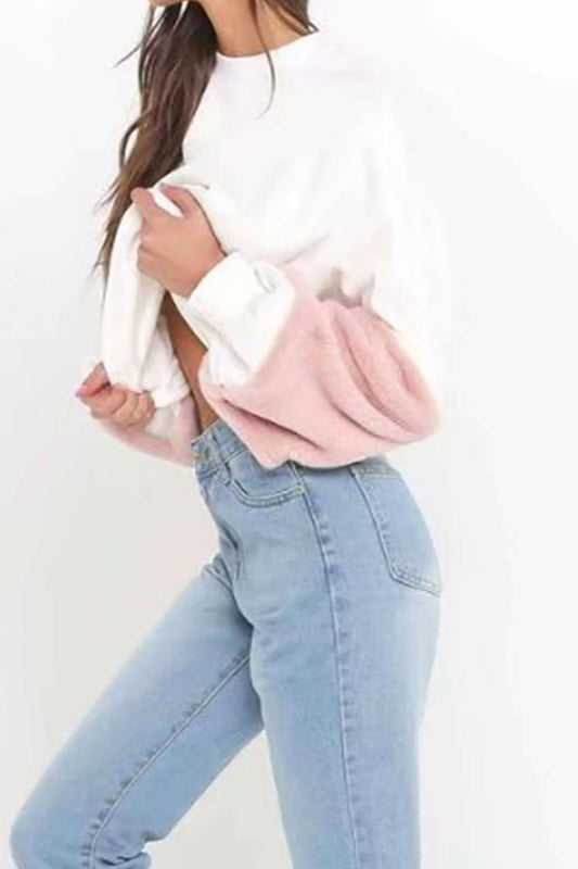 Iyasson Plush Sleeves Patchwork Pullover Sweatshirt