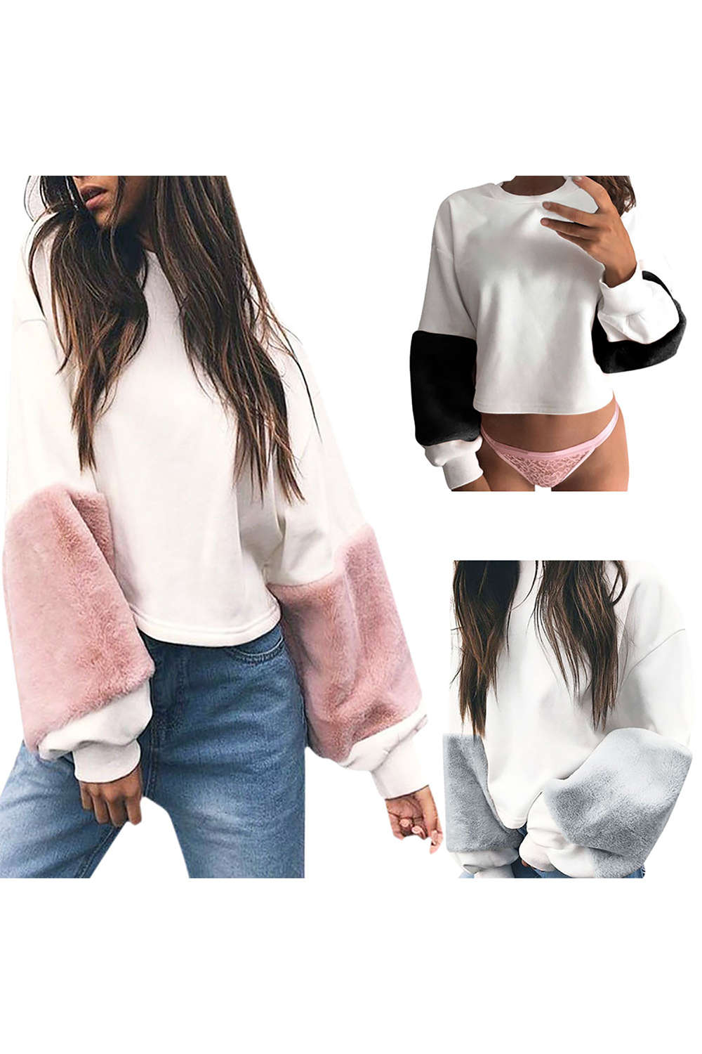 Iyasson Plush Sleeves Patchwork Pullover Sweatshirt