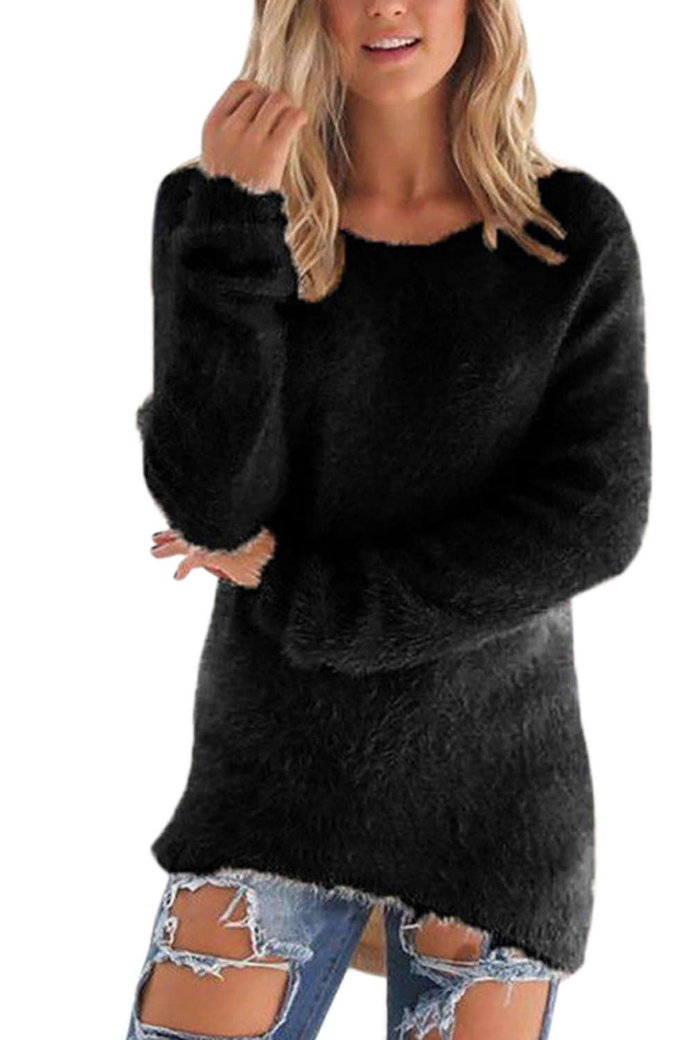 Iyasson Scoop Neck Long Sleeve Fluffy Jumper