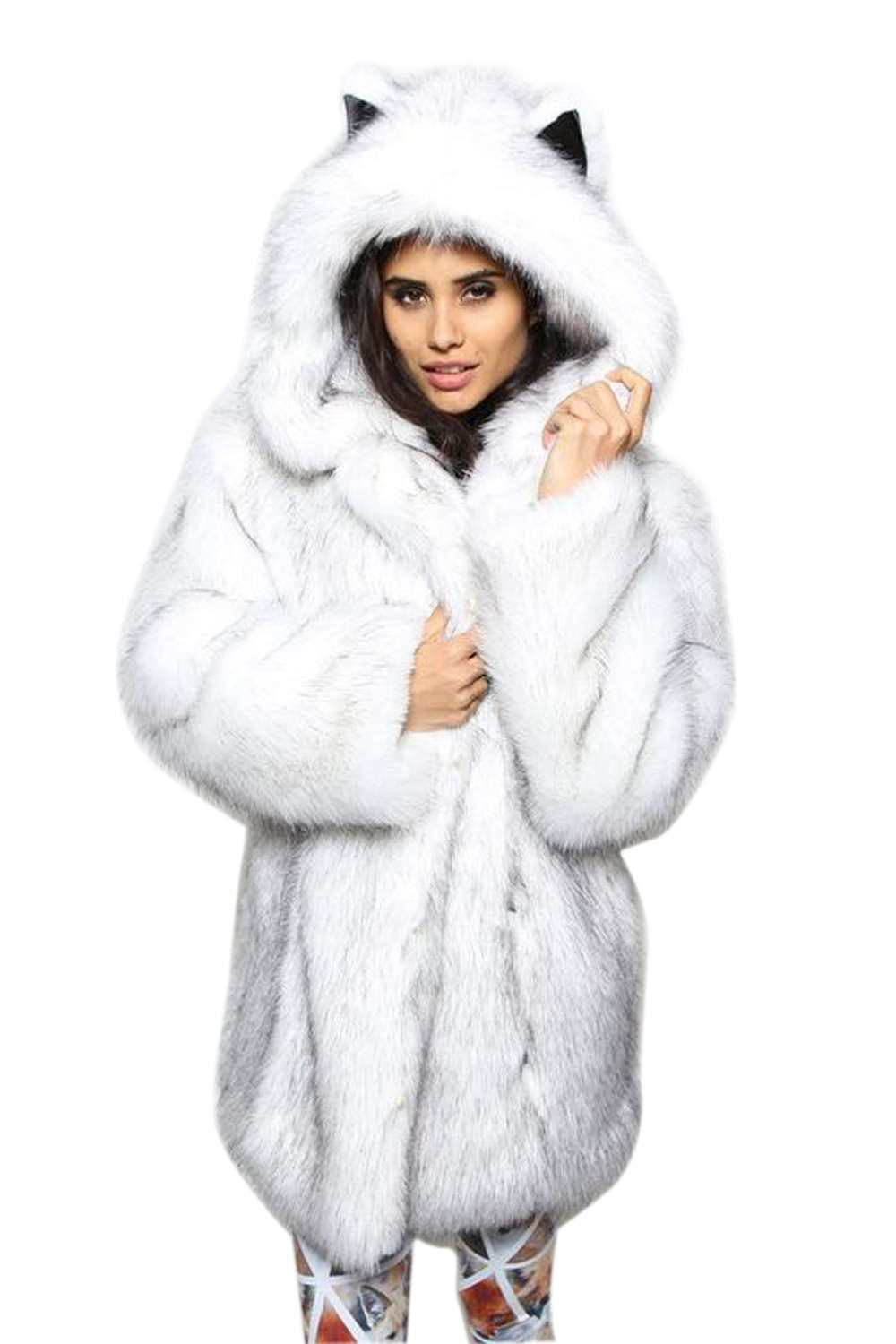 Iyasson Faux Fur Cute Ear Hooded Coat