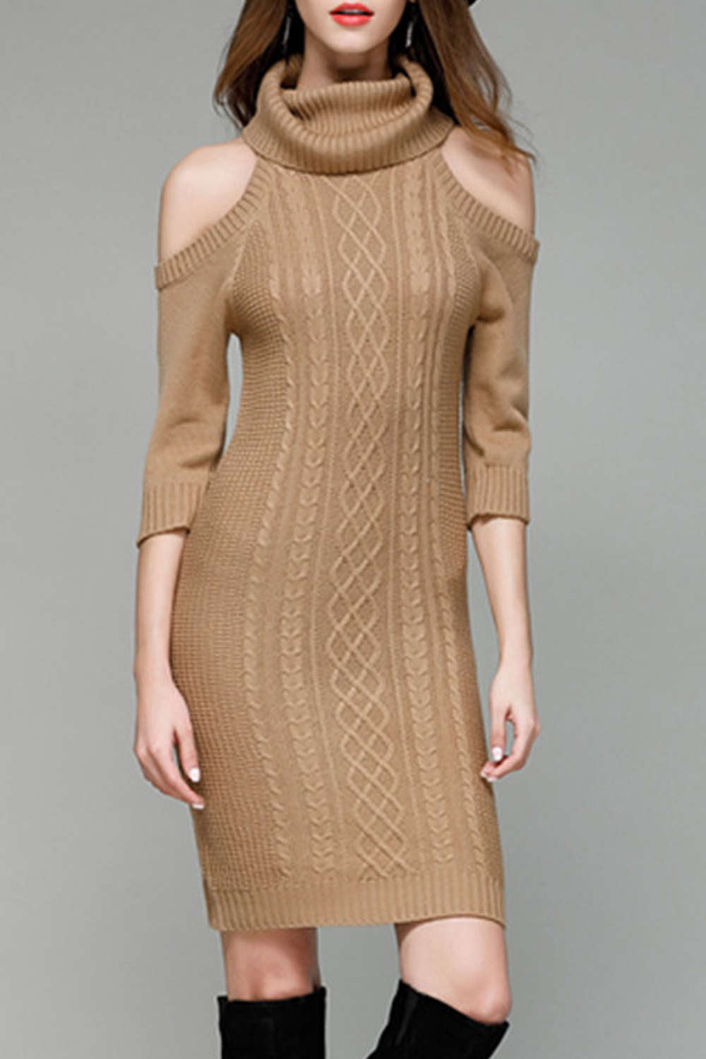 Iyasson Cold Shoulder Roll Neck Knit Dress