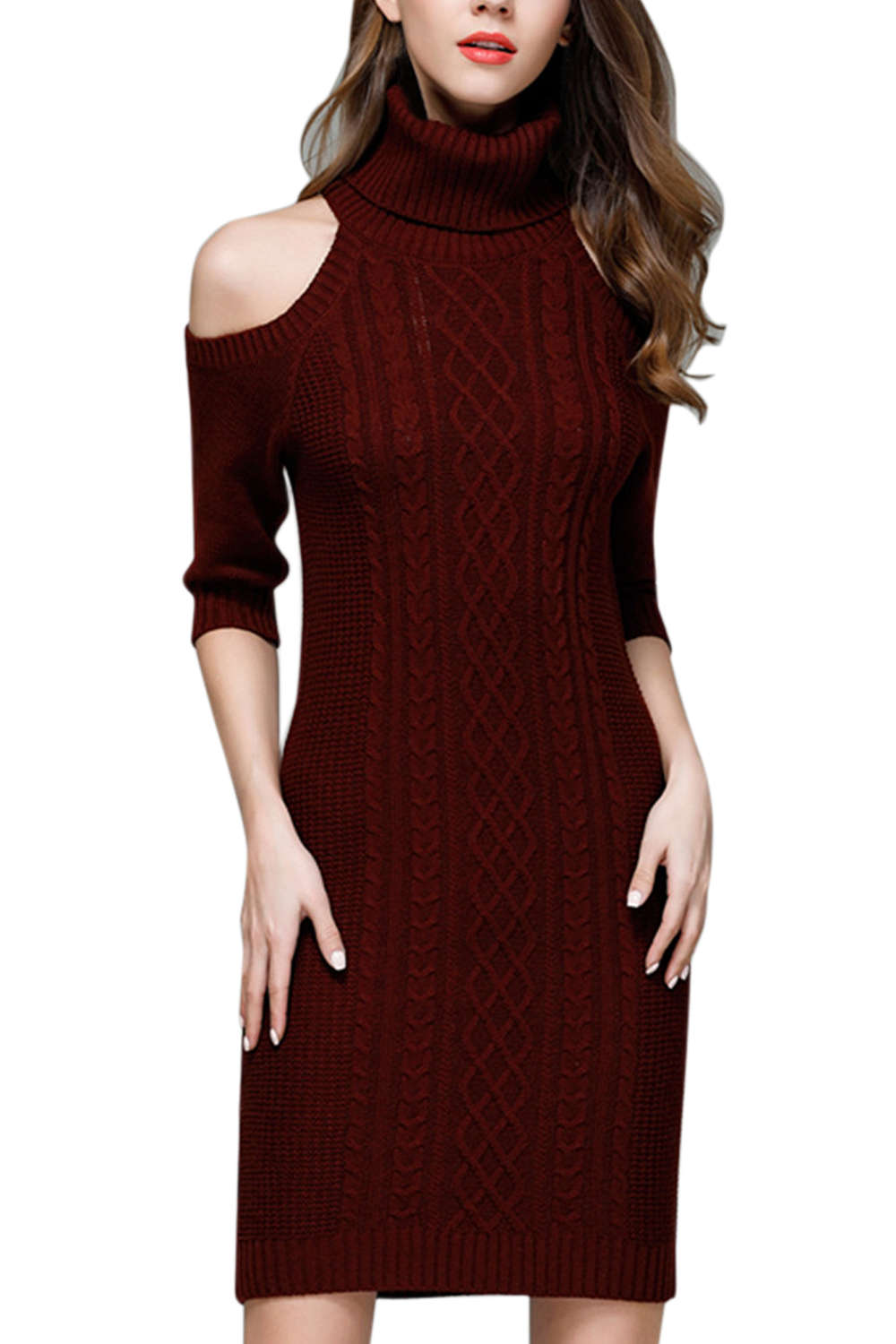 Iyasson Cold Shoulder Roll Neck Knit Dress