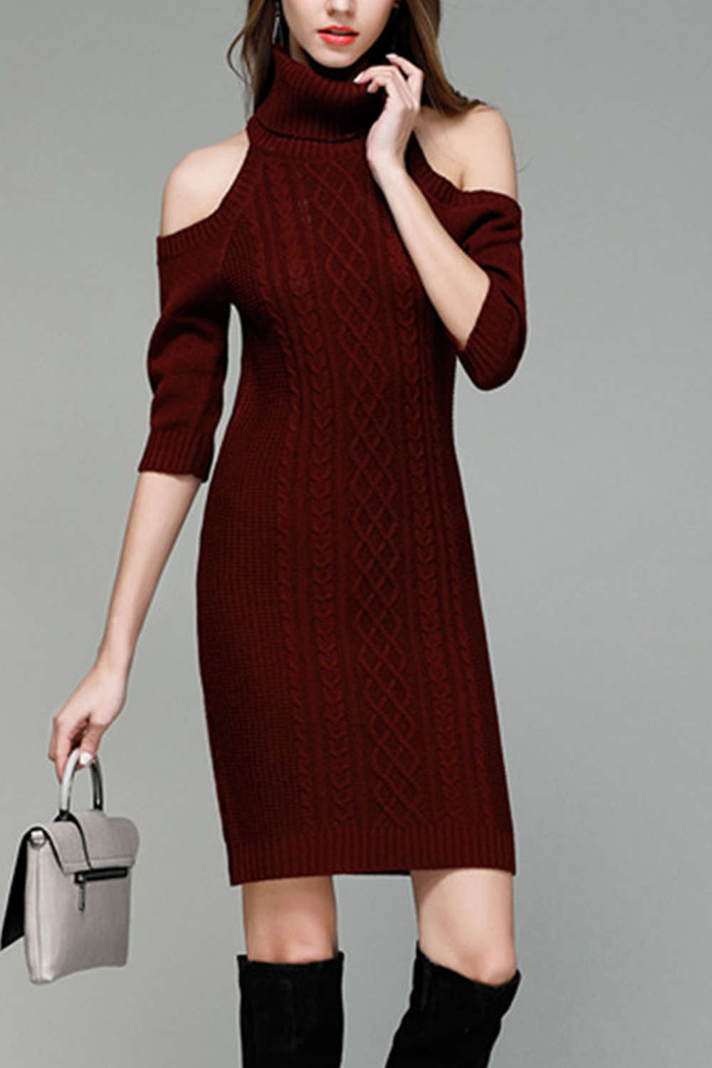Iyasson Cold Shoulder Roll Neck Knit Dress