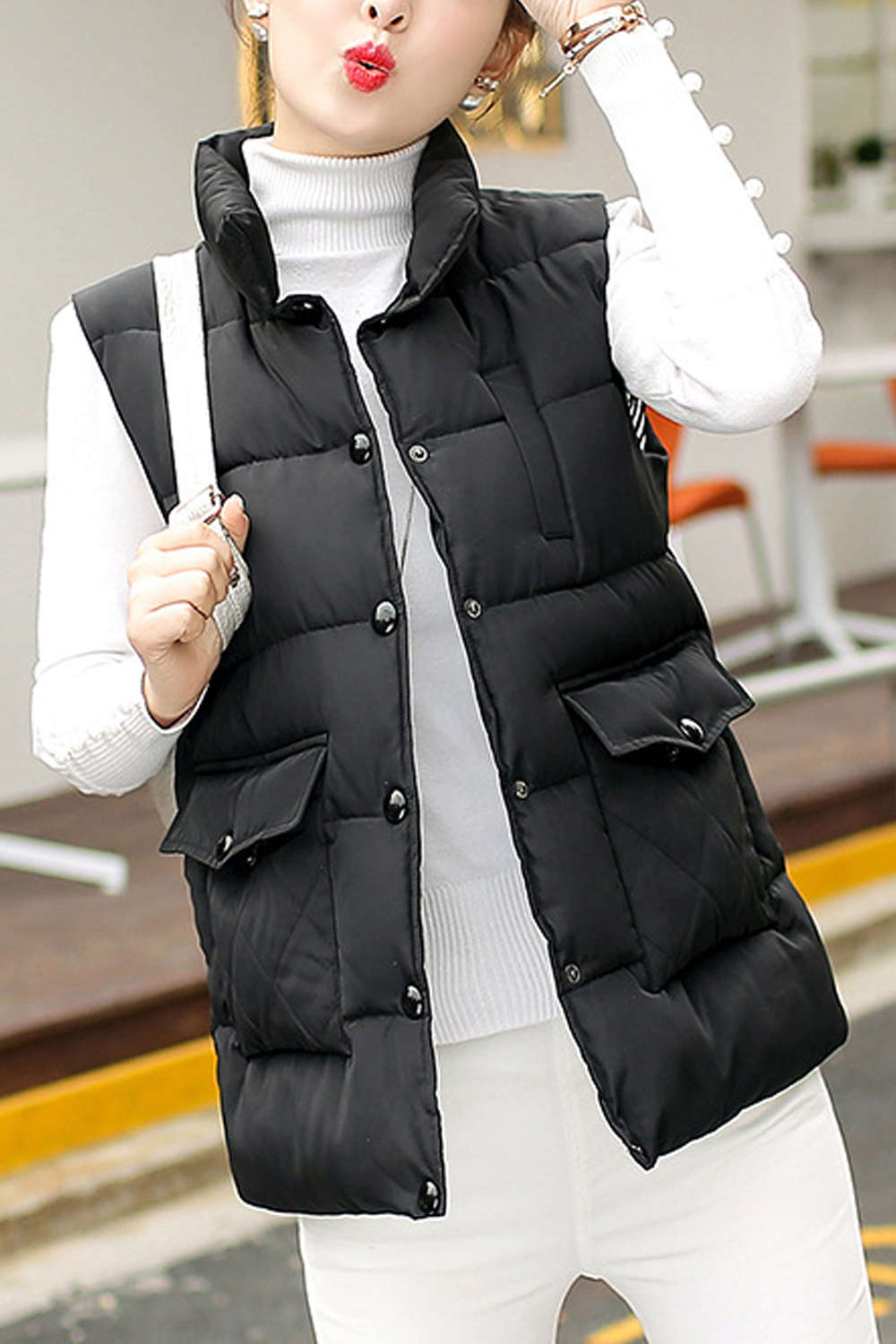 Iyasson Sleeveless Stand Collar Down Vest