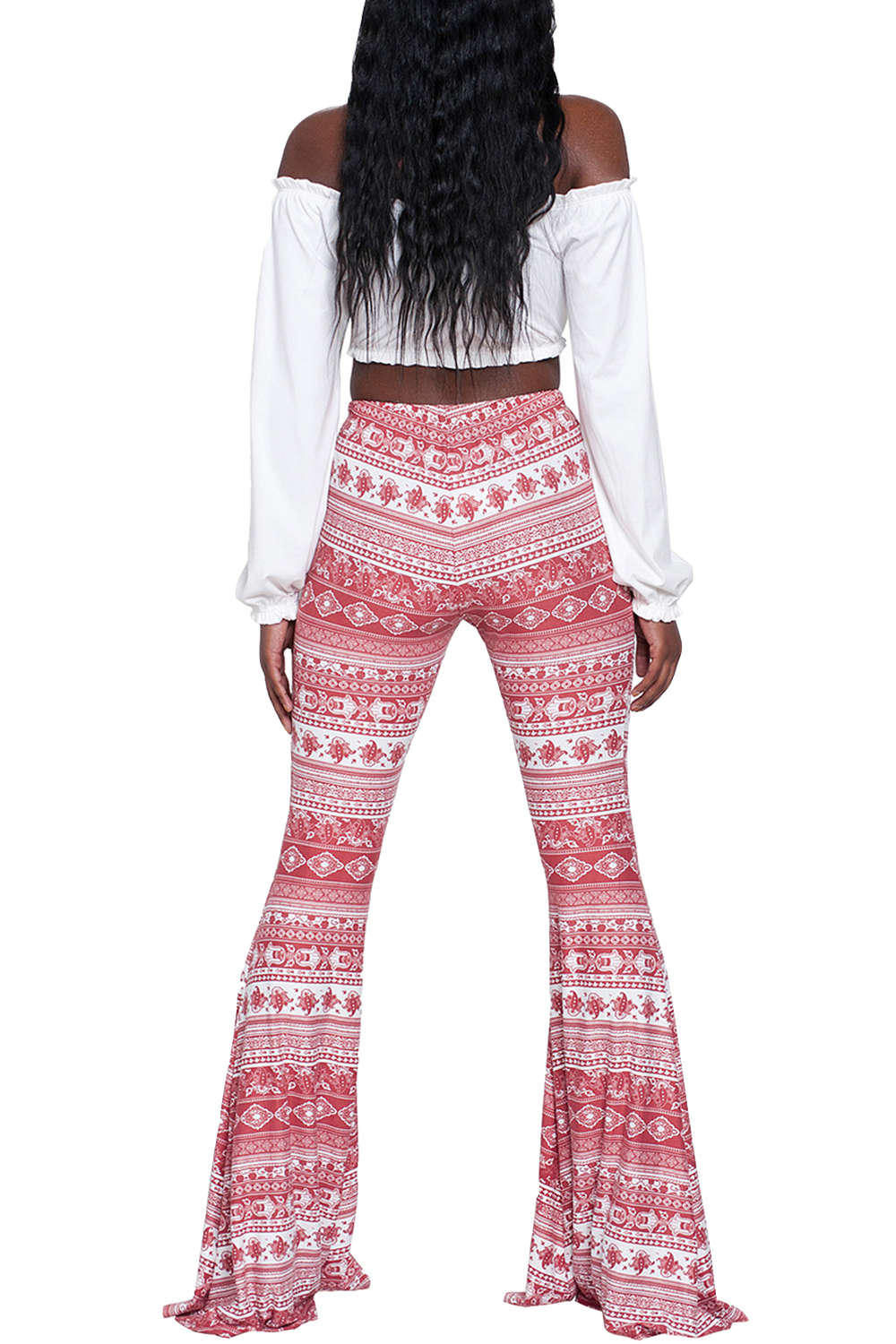 Iyasson Women Casual Print Stretchy Bell Bottom Flare  Skinny Pants High Waist Trousers