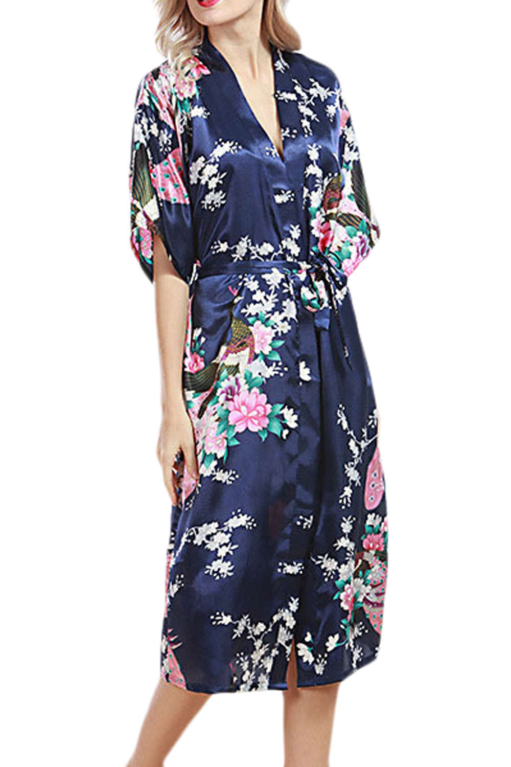 Iyasson Floral Printing Silk Kimono Robe
