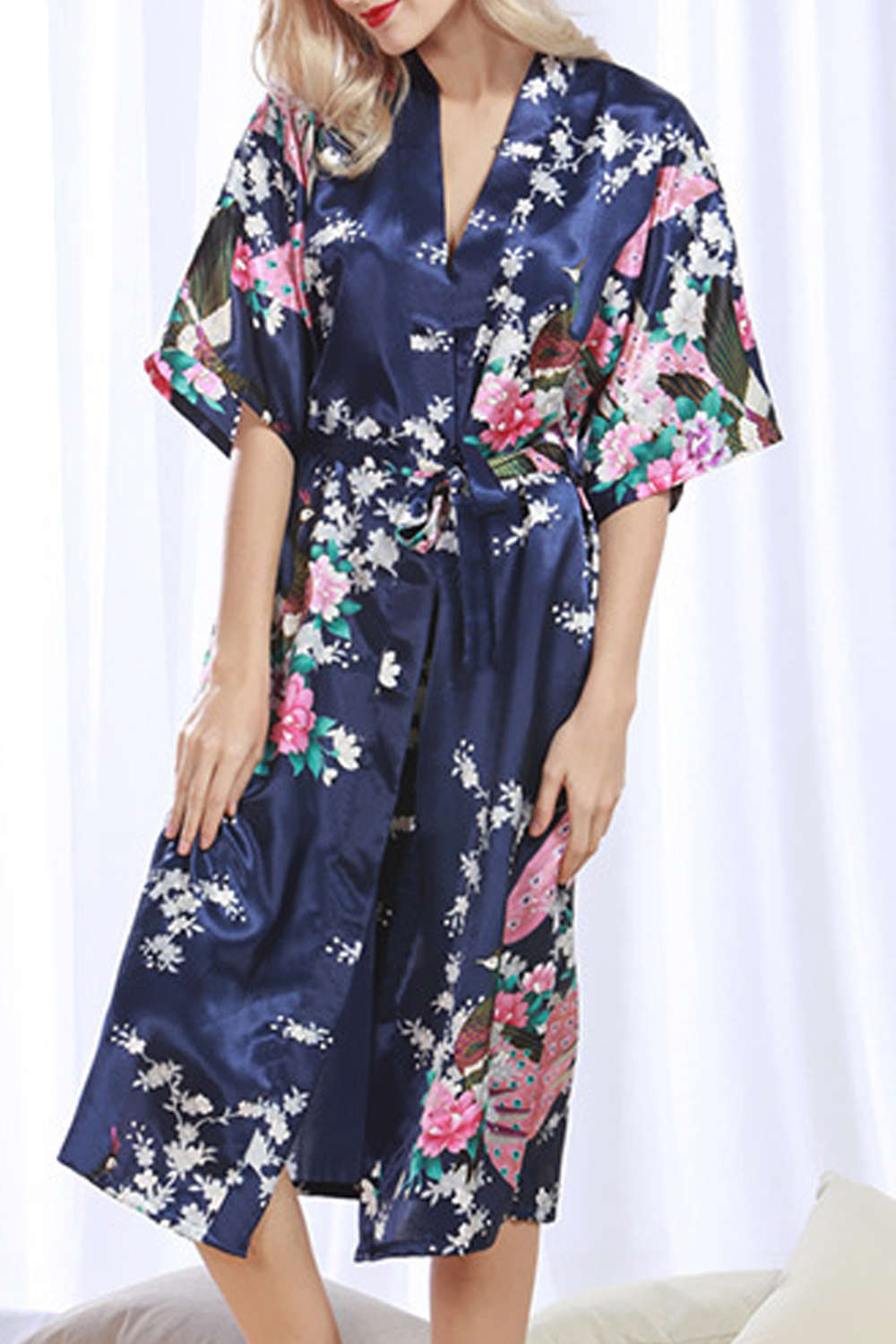 Iyasson Floral Printing Silk Kimono Robe