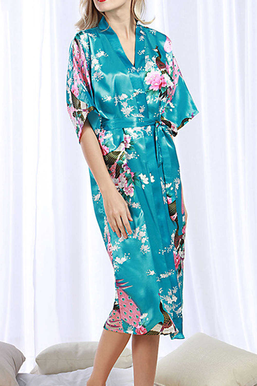 Iyasson Floral Printing Silk Kimono Robe