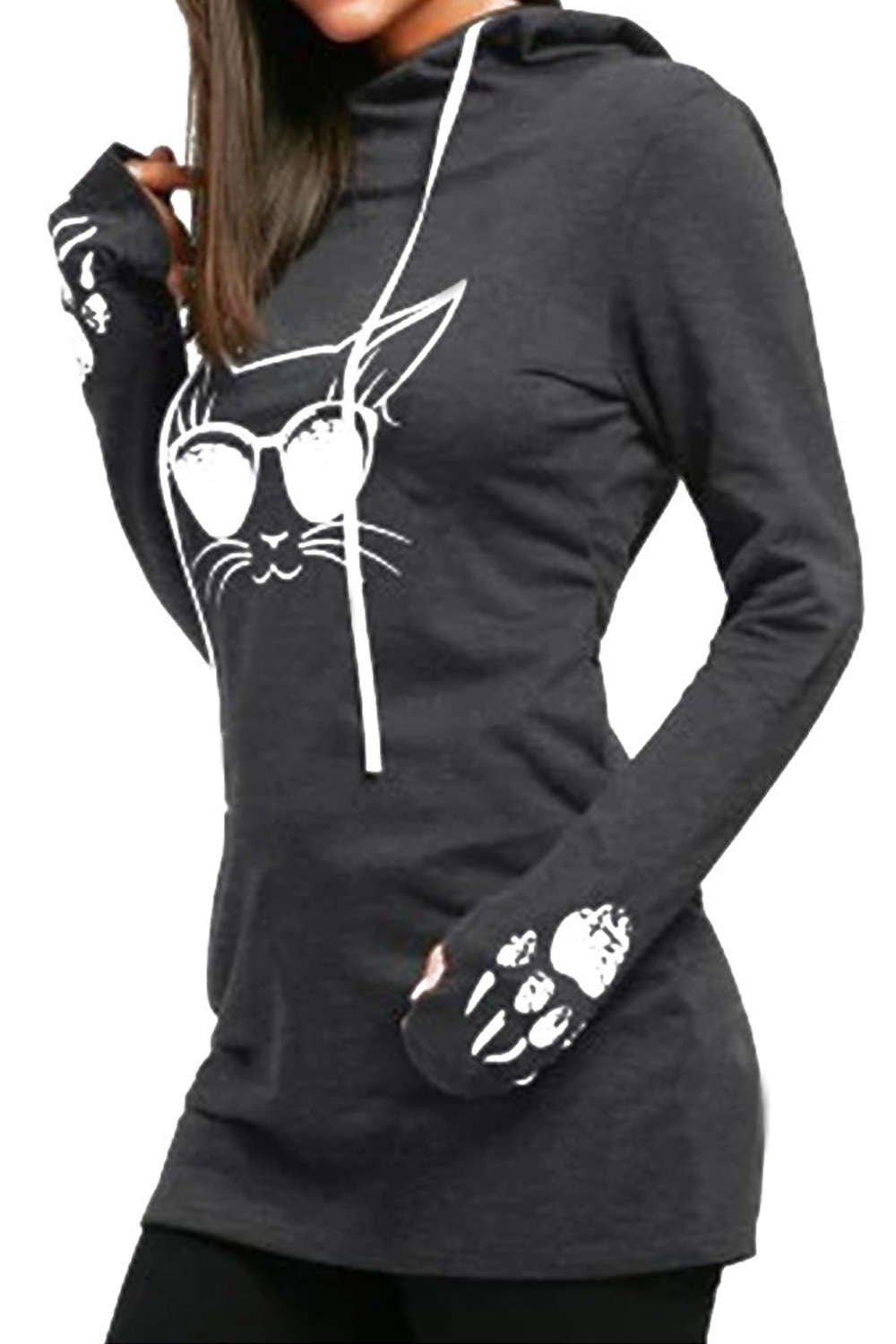 Iyasson Womens Cute Long Sleeve Hooded Sweatshirt Cat Face Paw Printing Pullover Hoodie
