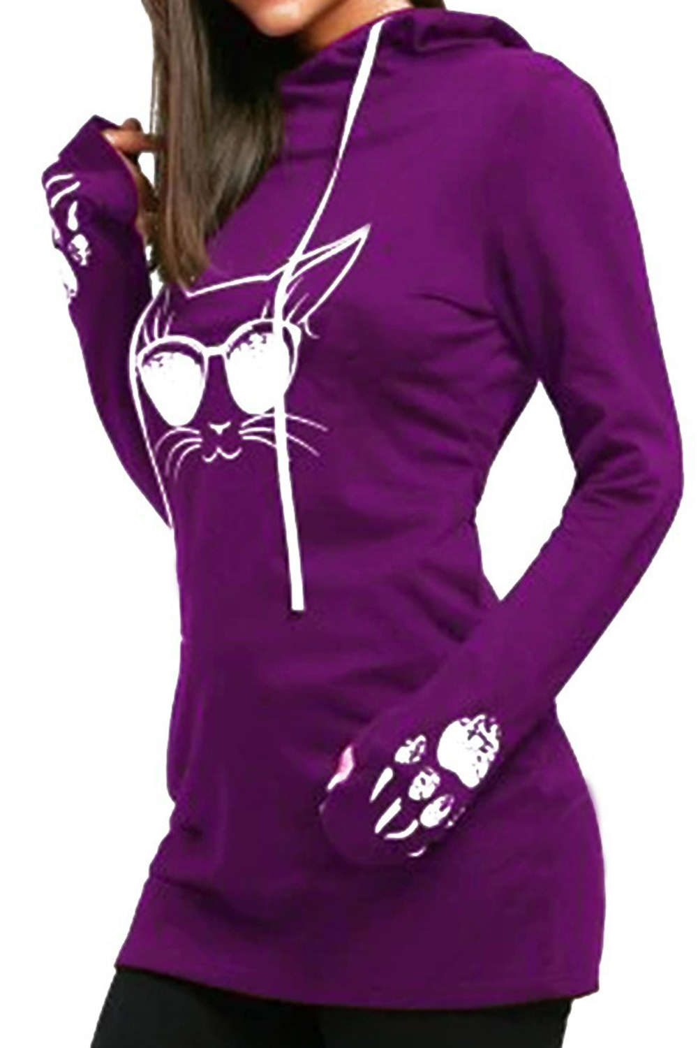 Iyasson Womens Cute Long Sleeve Hooded Sweatshirt Cat Face Paw Printing Pullover Hoodie