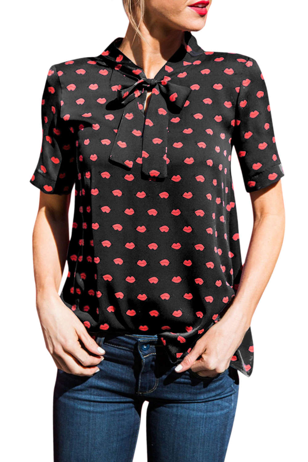Iyasson Red Lips Print Blouse