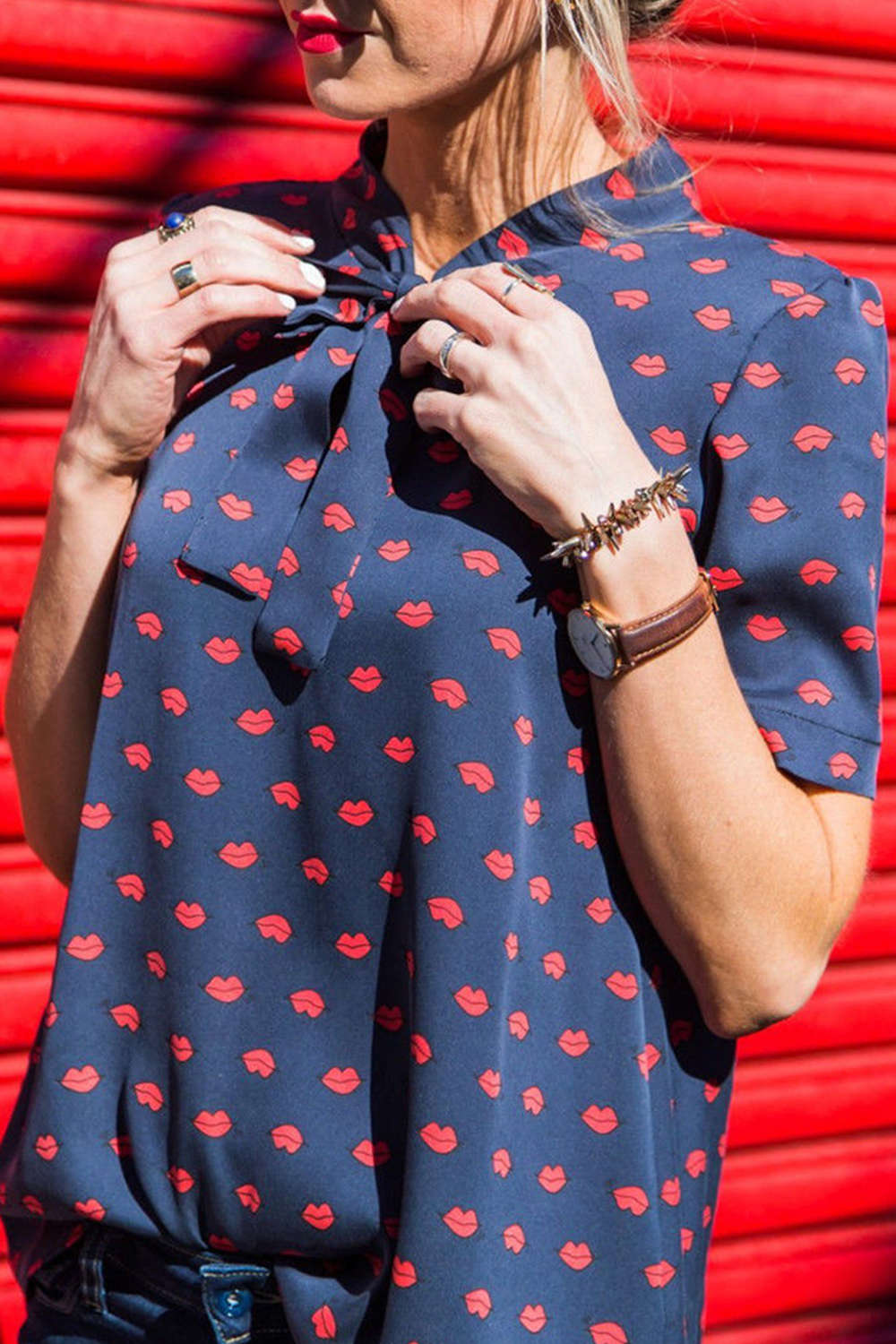 Iyasson Red Lips Print Blouse