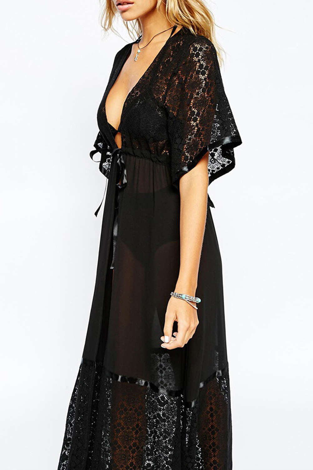 Iyasson Womens Lace Chiffon Beach Lace-Up Maxi Cover Up