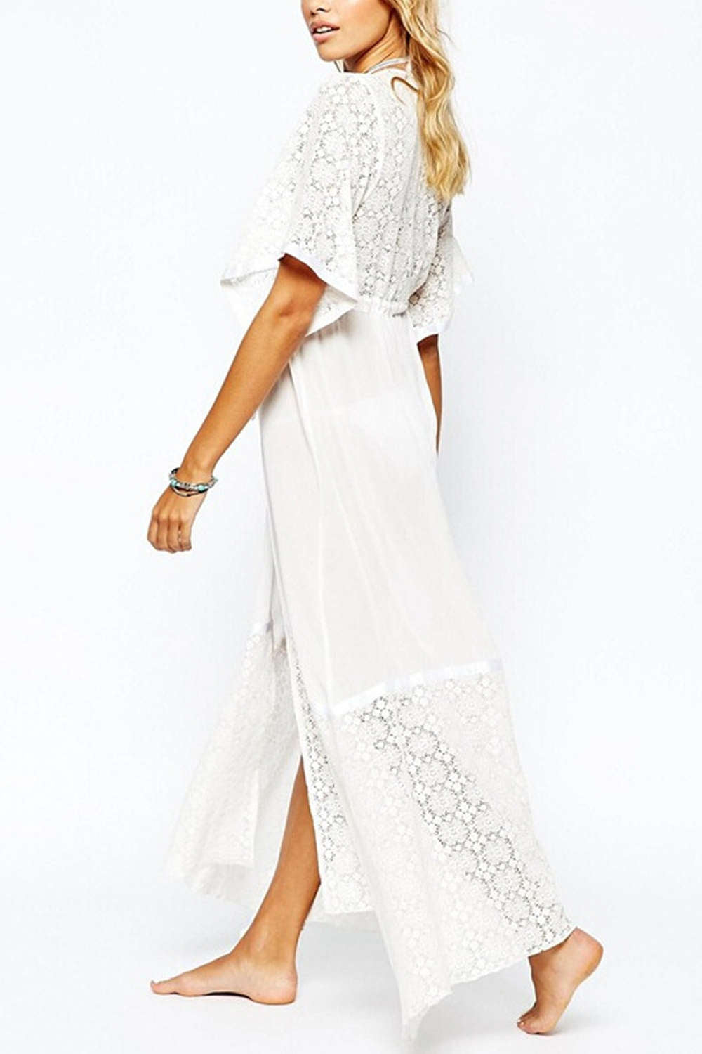 Iyasson Womens Lace Chiffon Beach Lace-Up Maxi Cover Up