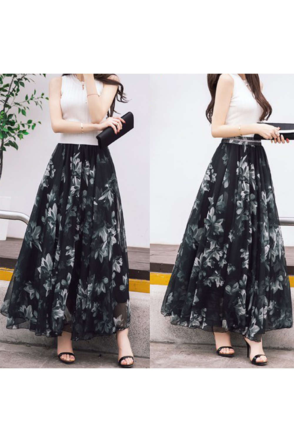 Iyasson Women Boho Printed Chiffon Maxi Skirt