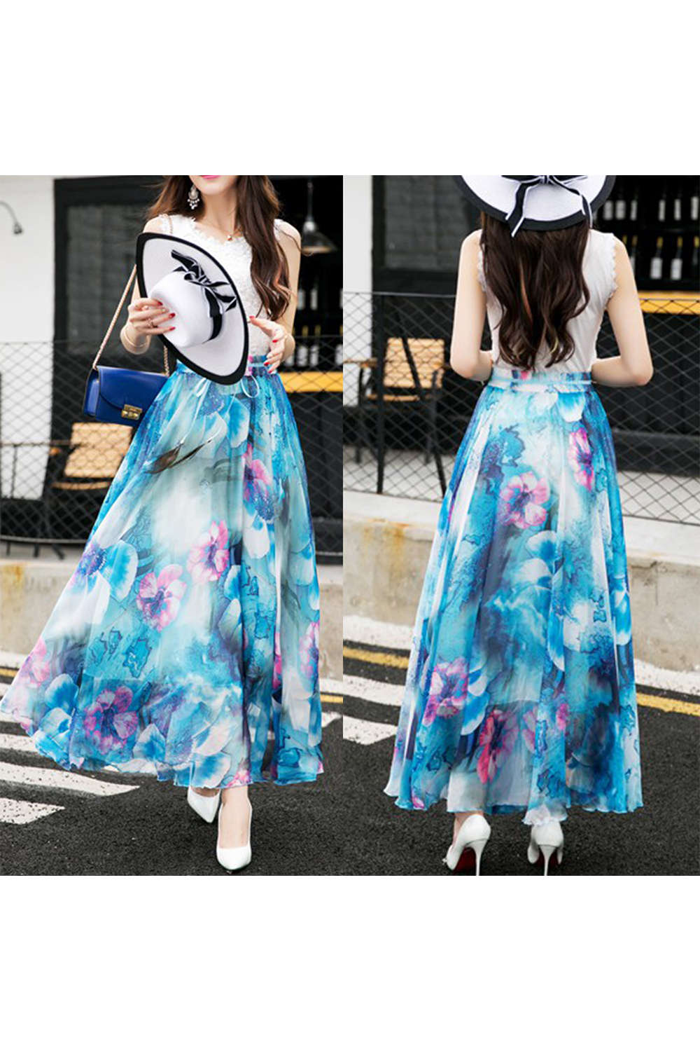 Iyasson Women Boho Printed Chiffon Maxi Skirt