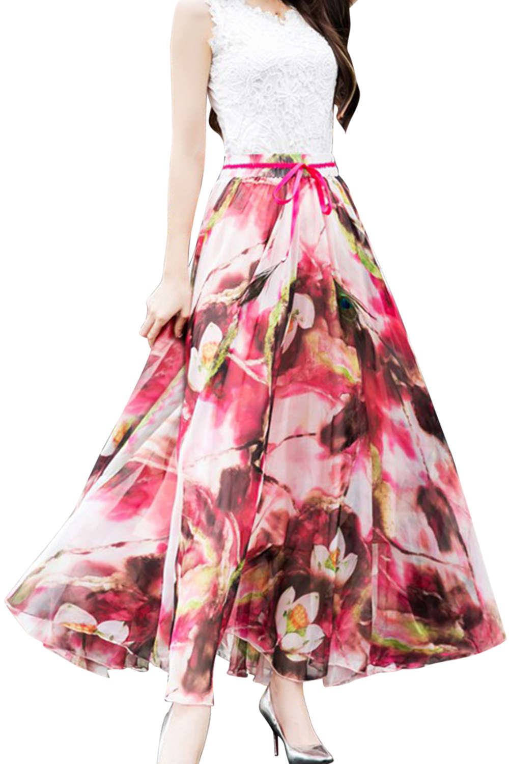 Iyasson Women Boho Printed Chiffon Maxi Skirt