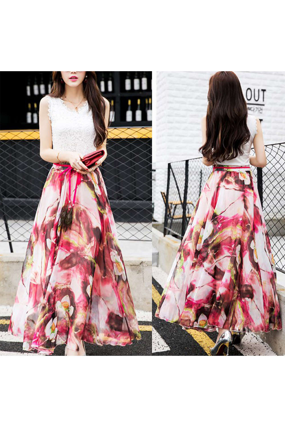 Iyasson Women Boho Printed Chiffon Maxi Skirt