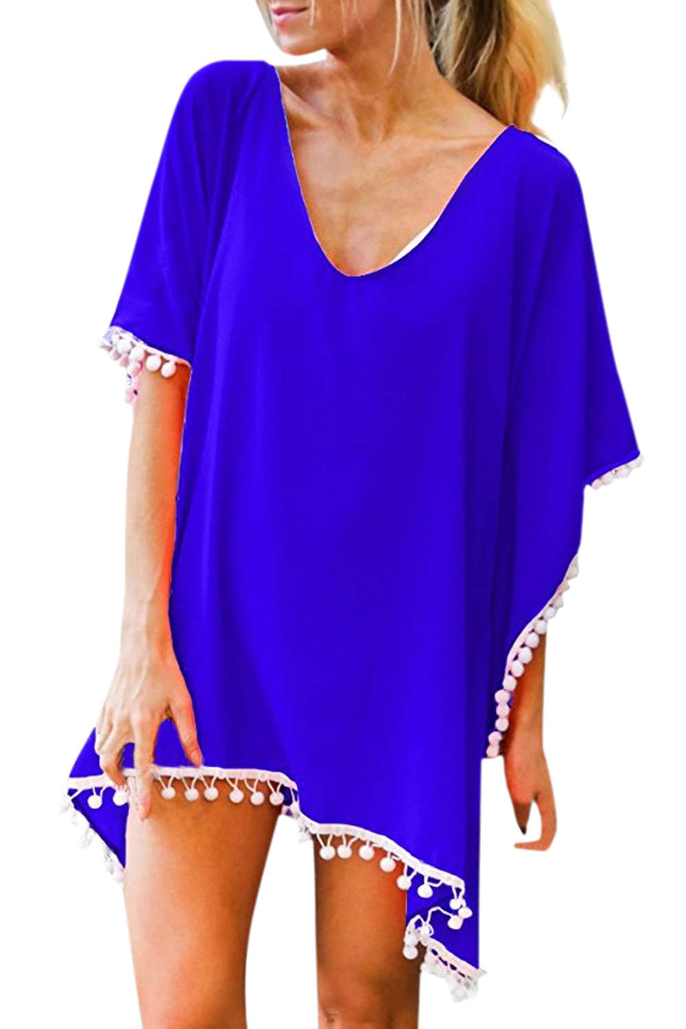 Iyasson V-neck Tassel Kaftan Chiffon Swim Cover-Up Dress