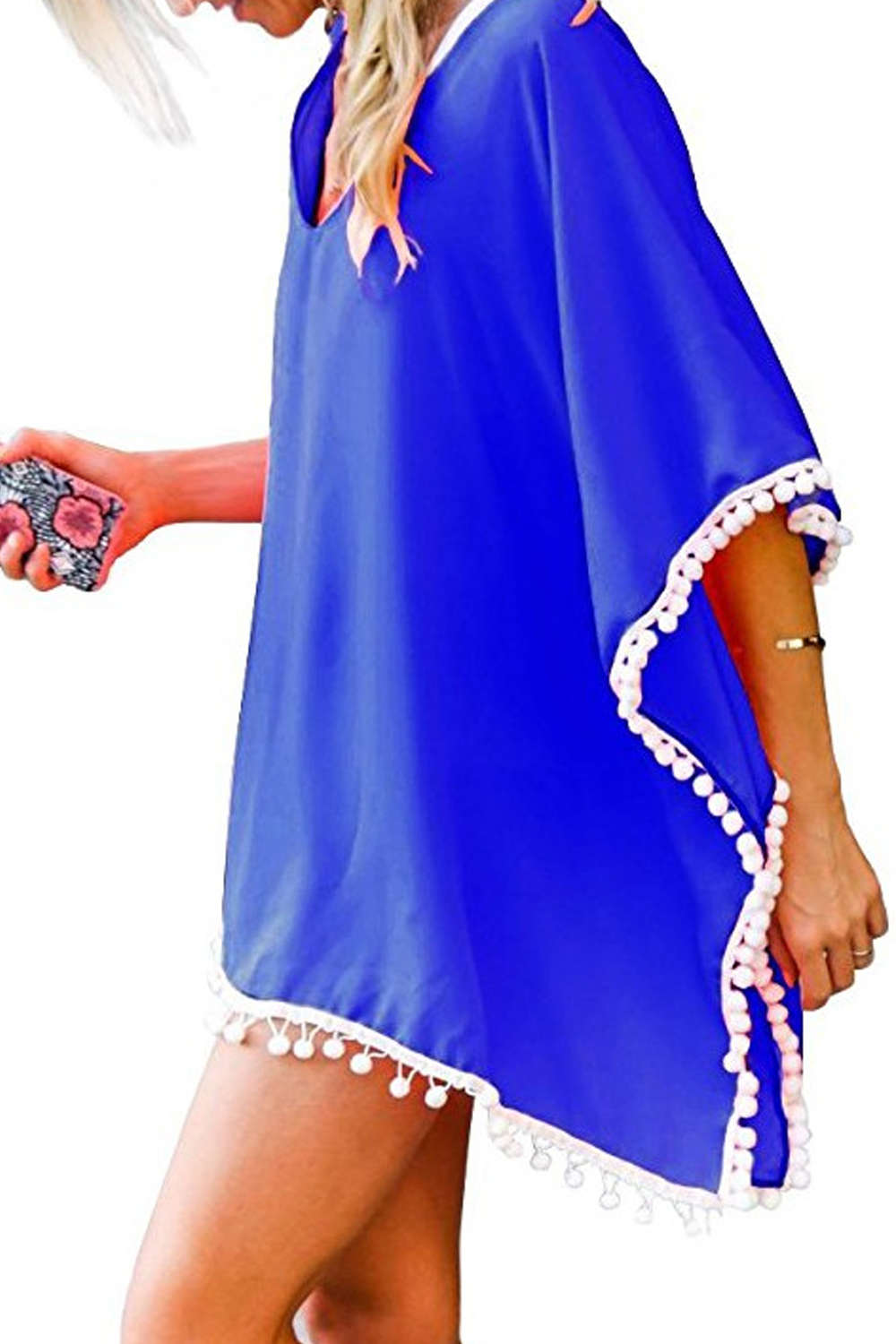 Iyasson V-neck Tassel Kaftan Chiffon Swim Cover-Up Dress