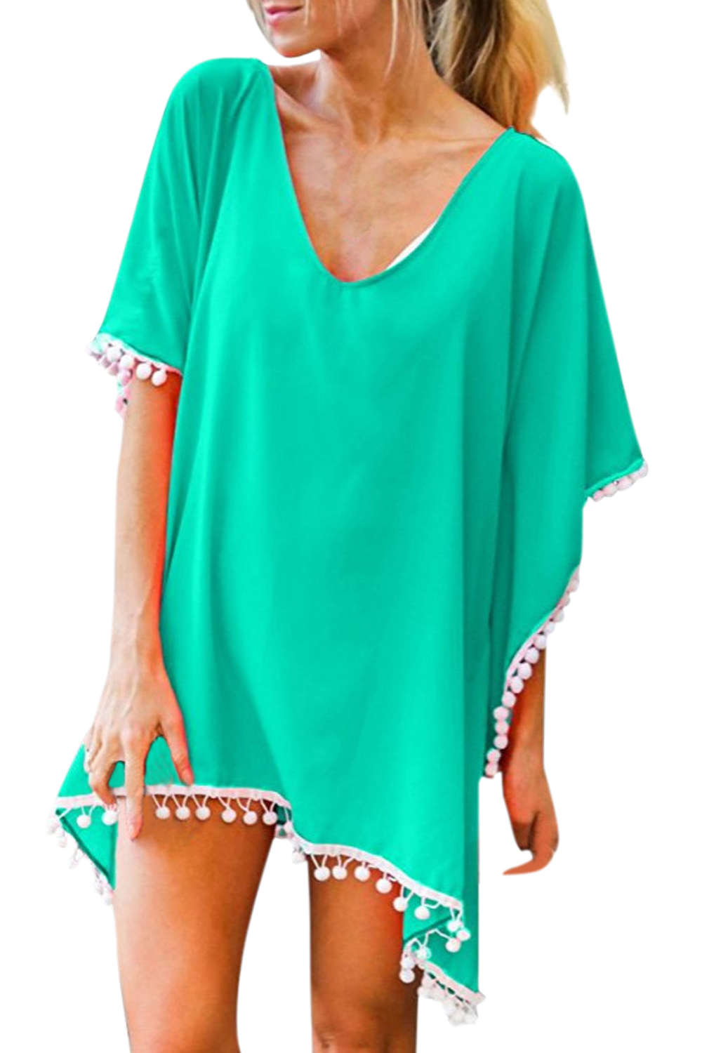 Iyasson V-neck Tassel Kaftan Chiffon Swim Cover-Up Dress
