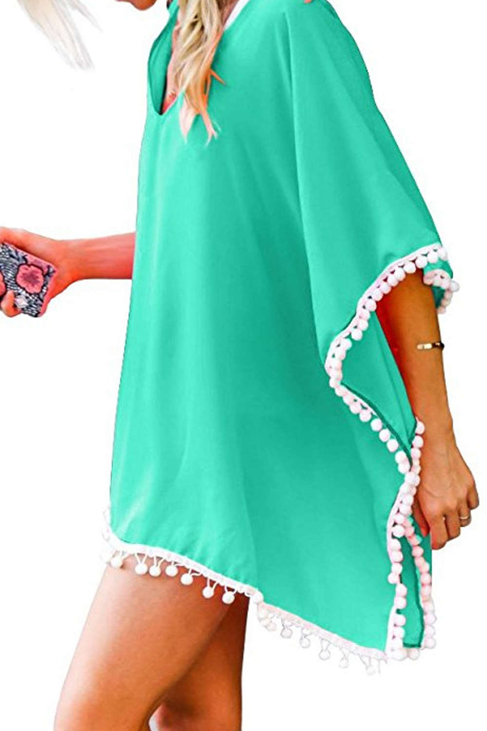 Iyasson V-neck Tassel Kaftan Chiffon Swim Cover-Up Dress